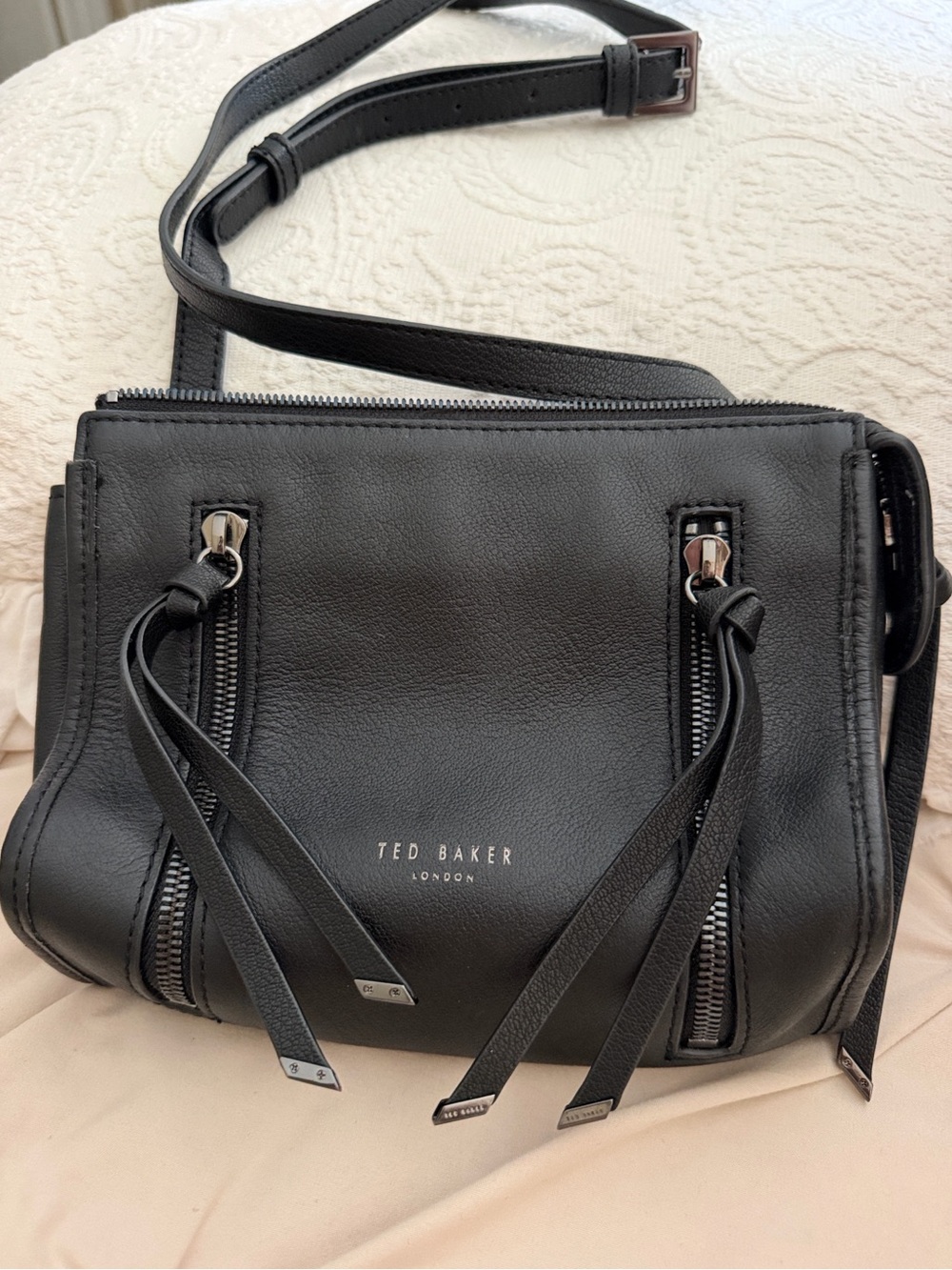 Ted Baker Maceyy Black Leather Tassel Double Zip Crossbody Bag